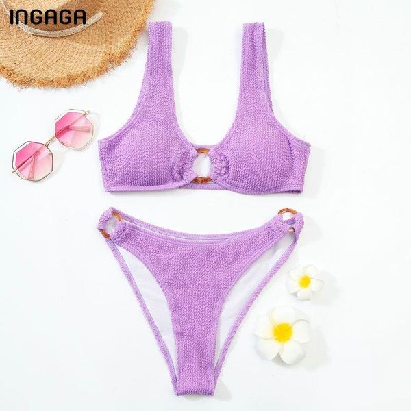 

women's swimwear ingaga bikinis ruched ring swimsuit high cut biquini push up bathing suit 2021 summer purple bikini set, White;black