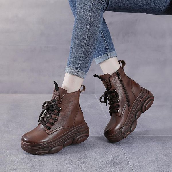 

boots first layer cowhide female leather wild british fan thick bottom side zipper short tide ins cool, Black