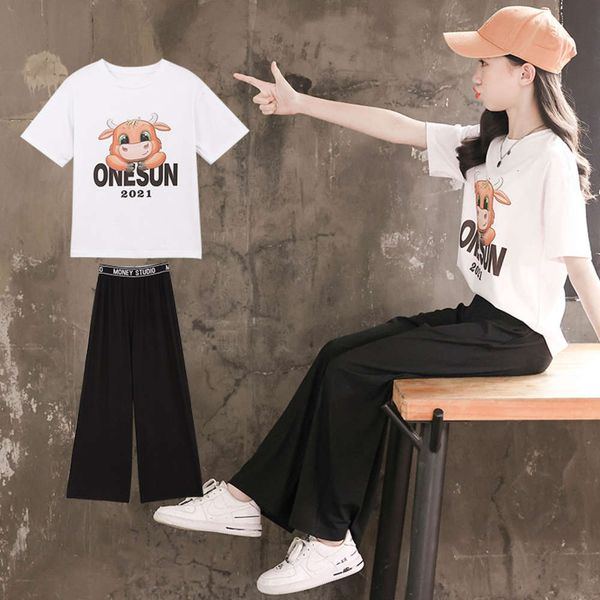 

girls' summer wide leg pants suit children's clothing net red foreign style sports 12-year-old girl, White