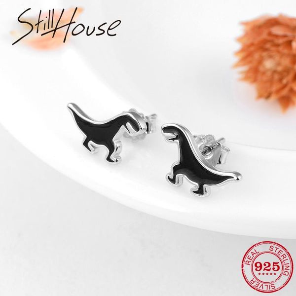 

stud authentic 925 sterling silver black dinosaur shape diy earrings enamel for children girls jewelry, Golden;silver