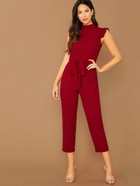 

mock-neck ruffle cuff self belted jumpsuit 91rd#, White