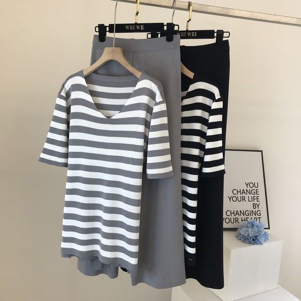 

college style striped bead ice silk knit suit female spring product loose and thin casual black two-piece 210525, White