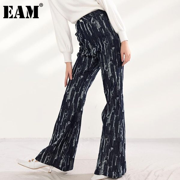 

[eam] high waist dark blue burr long flare denim trousers loose fit pants women fashion tide spring autumn 2021 1y72317 women's & capri, Black;white
