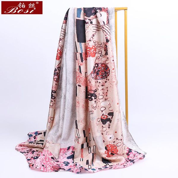 

scarves 2021 fashion silk satin scarf print women multicolor long neck beach soft summer luxury hijab designer shawls, Blue;gray