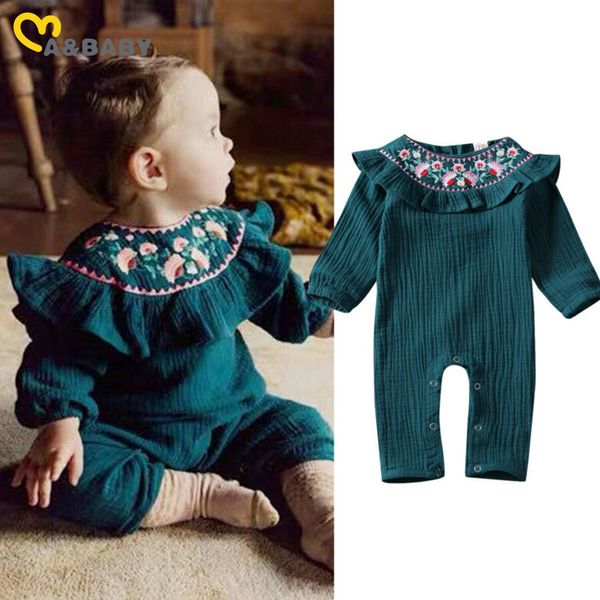 

0-18m vintage toddler born baby girl romper flower jumpsuit ruffles long sleeve clothes spring autumn costumes 210515, Blue