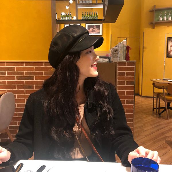 

brand caps black net red pu leather octagonal hat female duck tongue british korean fashion spring and autumn leather hat beret win, Blue;gray