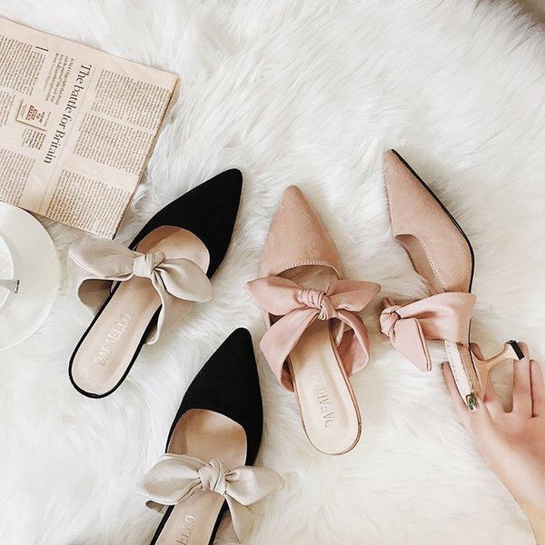 

shoes woman 2021 thin heels female mule butterfly-knot cover toe med slippers casual pantofle flock mules luxury slides pu, Black