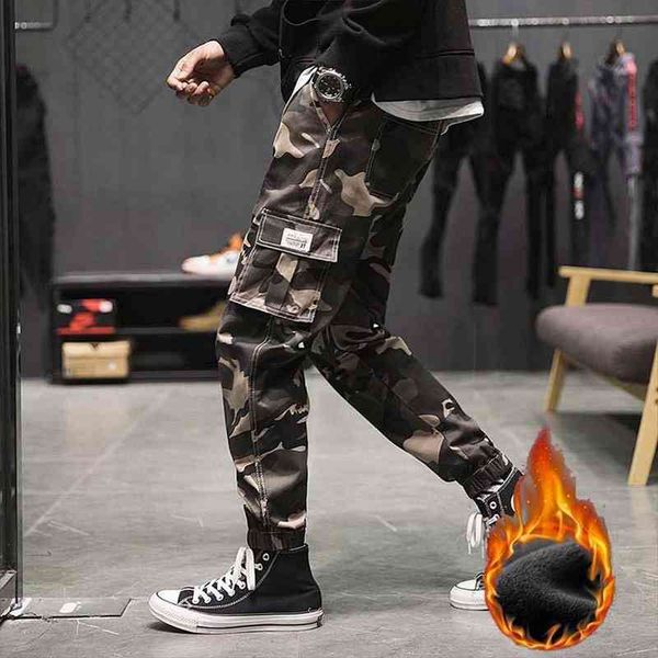 

winter mens joggers pants thick fleece men warm camo harem trousers camouflage streetwear male cargo pants 7xl pa54, Black