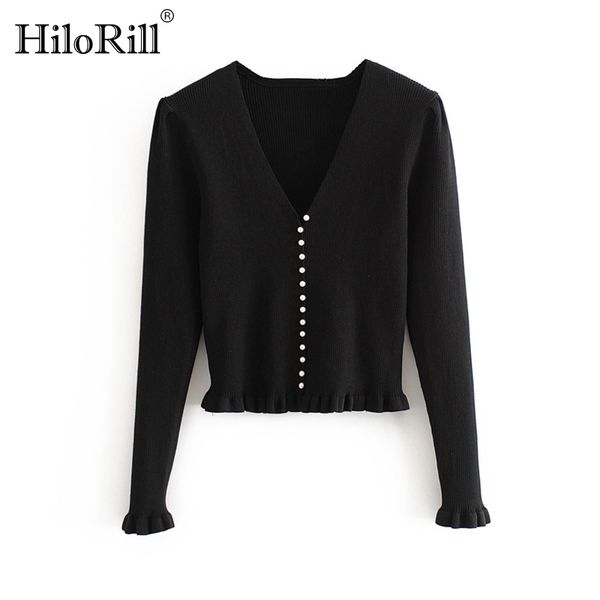 

solid chic knitted cardigan for women v neck long sleeve casual black ruffle buttons ladies sweater 210508, White
