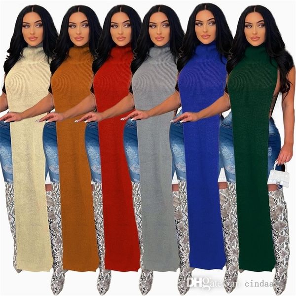 

women casual dresses pop two side split high neck sleeveless dress designer womens knitting clothing, Black;gray