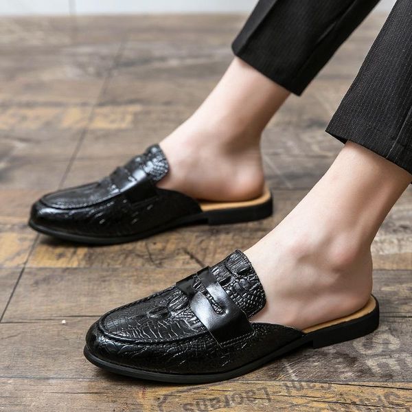 

dress shoes moccasins for men house slippers indoor half skin men's leather fashion italian casual man stylish, Black