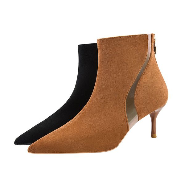

fashion simple hollow out thin heel high heel women's boots pointed suede thin and naked women's boots, Black