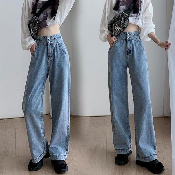 

women's jeans wide leg women plus size high waist straight loose boyfriend mom denim autumn winter 2021 streetwear, Blue
