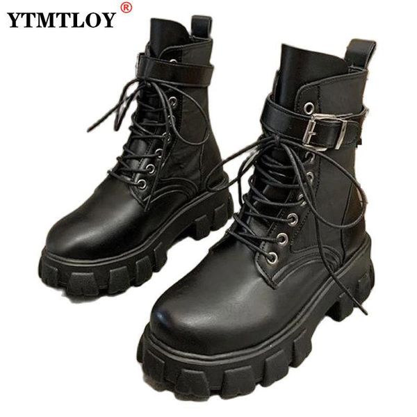 

lace-up ankle boots for women shoes round toe platform thick heels short autumn height increasing motorcycle winter, Black
