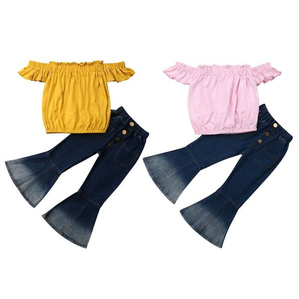 

2-7y kids baby girls clothes set 2021 summer off shoulder short sleeve +denim flare pant jeans fashion children outfits clothing sets, White