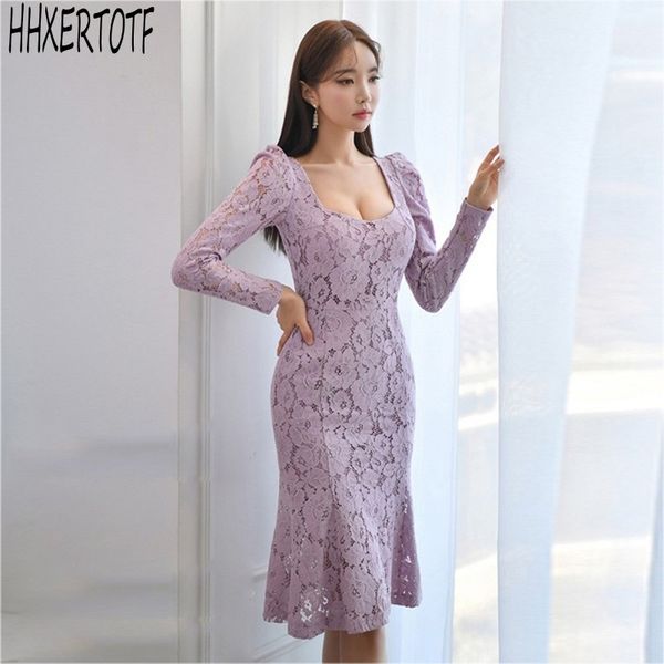 

spring elegant fashion women lace mermaid dress high waist sheath dresses vestidos 210531, Black;gray