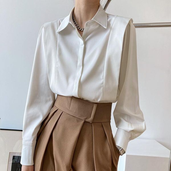 

women's blouses & shirts [ewq] women black minimalism blouse lapel long sleeve loose fit shirt tide autumn 2021 ruffled satin b, White