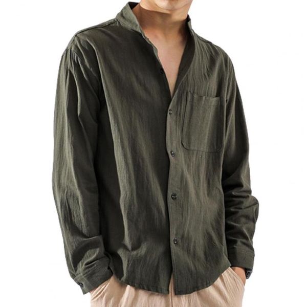

men's casual shirts men linen shirt solid color pocket stand collar buttons cotton loose coat plus size, White;black