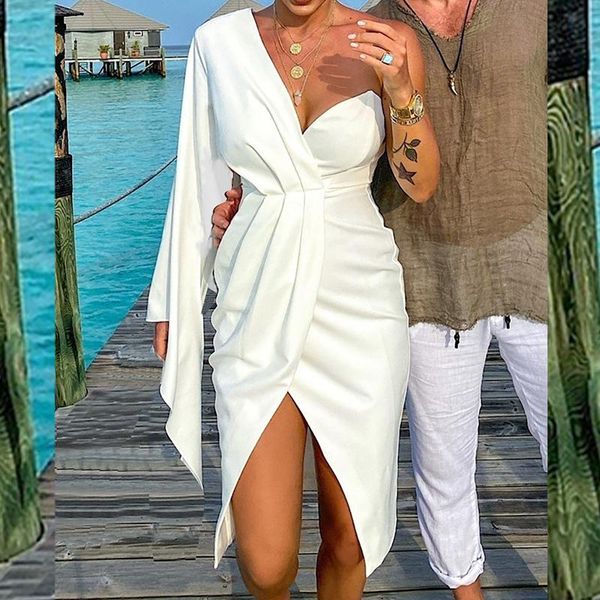 

casual dresses elegant autumn fashion irregular flared sleeves split v-neck women club party dress office lady slim, Black;gray