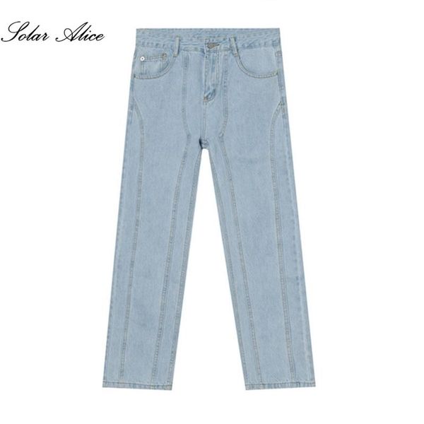 

men's complex multi-piece stitching jeans loose straight casual pants, Blue