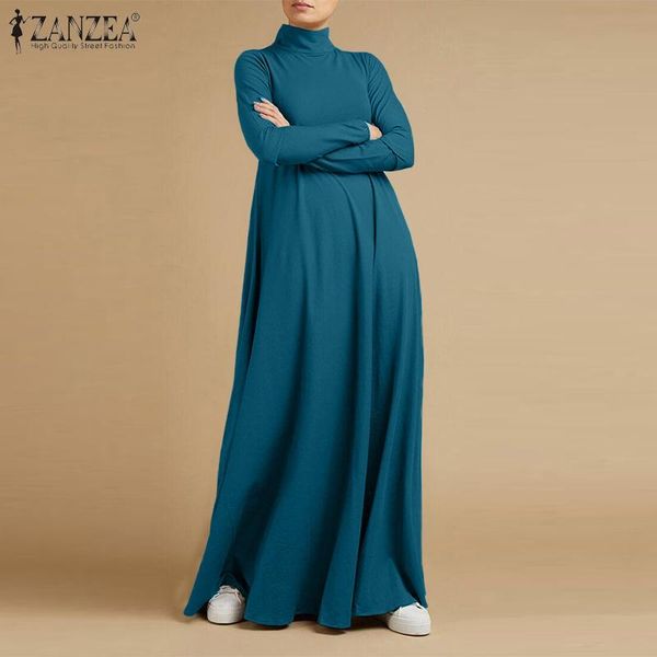 

autumn turtleneck long sleeve sundress fashion women maxi dress baggy zanzea elegant solid casual vestido kaftan robe femme dresses, Black;gray