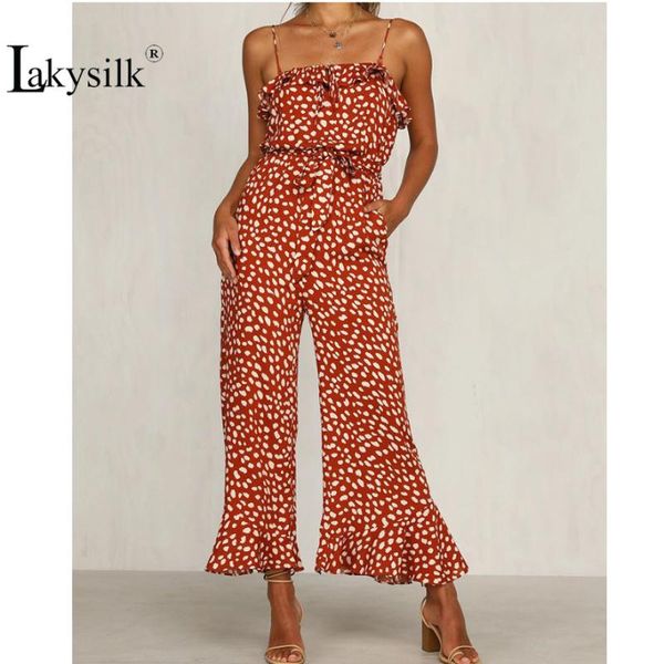 

women's jumpsuits & rompers ruffles elegant spring dot sling jumpsuit print straight wide leg pants lady casual loose, Black;white