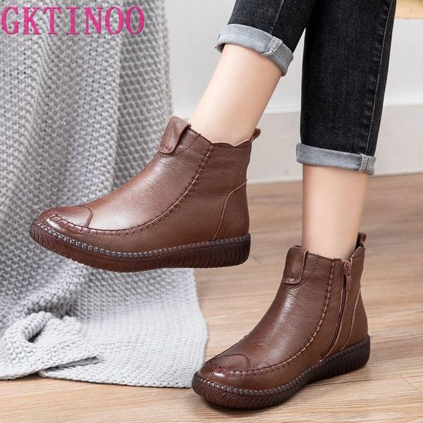 

boots gktinoo 2021 women snow vintage genuine leather fur winter warm ankle for flat mother shoes, Black