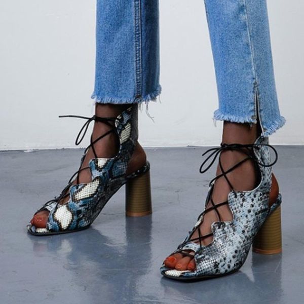 

sandals women pump summer fashion crodd-tied chunky heel gladiator snake grain roman shoes lady footwear size 43, Black