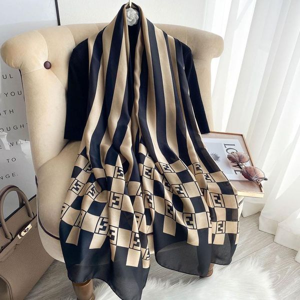 

scarves black and white long silk scarf with striped letters women's fashion travel sunscreen turban foulard bandana gift, Blue;gray