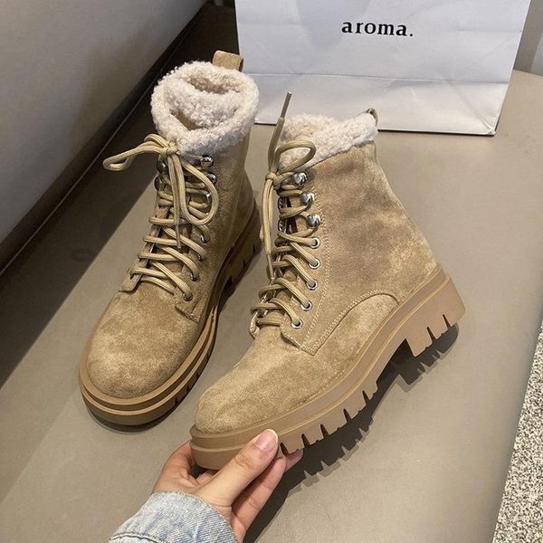 

boots women autumn winter thick heel burst leather thin short velvet snow, Black