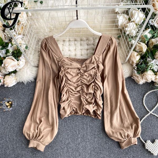 

korean fashion puff sleeve women shirts blouses 2021 square collared elegant solid ladies chic ulzzang camisa de mujer women's &, White