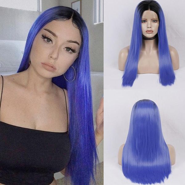 

synthetic wigs aimeya ombre blue lace front for women long straight middle part cosplay daily wear wig 18-24 inches, Black