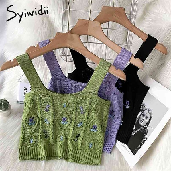 

green for women knitted korean fashion clothing embroidery floral short cute summer tank crop cami purple 210607, White