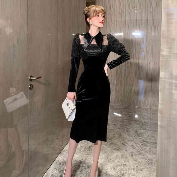 

arrival fashion midi spring ol temper peter collar sewing lace thin black perspective a-line dress, Black;gray