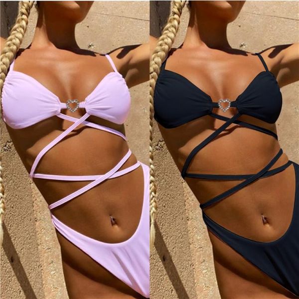 

women's swimwear icnglksnd 2021 women love diamond buckle patchwork strap bikini beachwear thong solid hollow out bra set, White;black