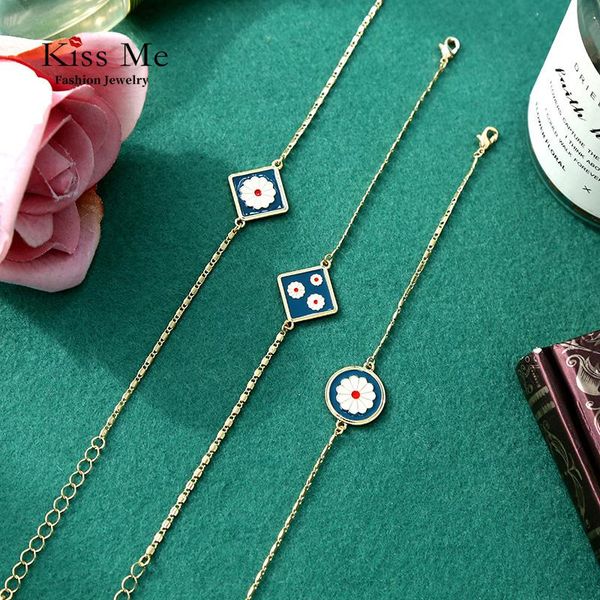 

charm bracelets kissme unique enamel daisy for women korea style contracted square round flower chains fashion jewelry wholesale, Golden;silver