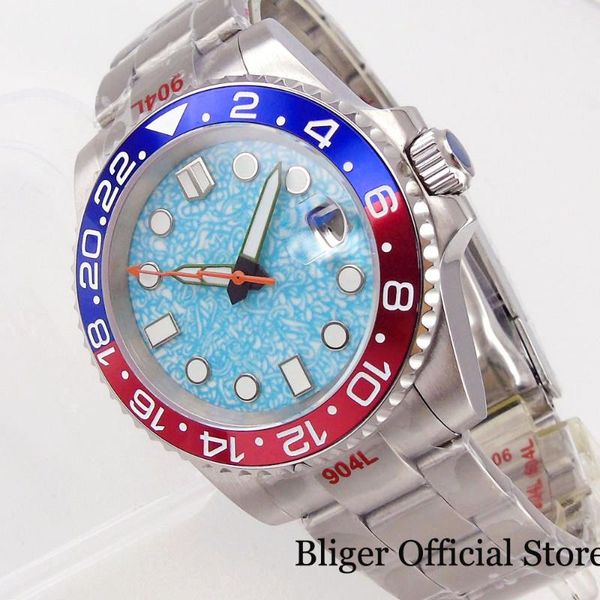

wristwatches nh35a sky blue selfwinding men watch red alloy insert luminous hand date magnifier glide lock oyster strap, Slivery;brown