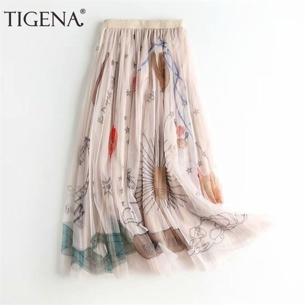 Tigena 90cm maxi tulle saia mulheres estilo coreano moda linda impressão uma linha alta cintura plissada longa feminina rosa preto 210621