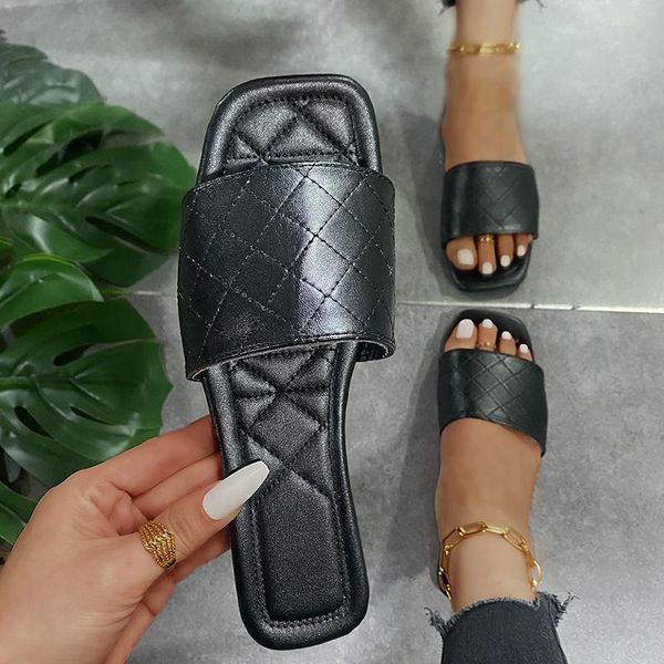 

sandals soft leather woven slippers women summer 2021 flat heels beach casual slides shoes woman outdoor flip flops muter, Black
