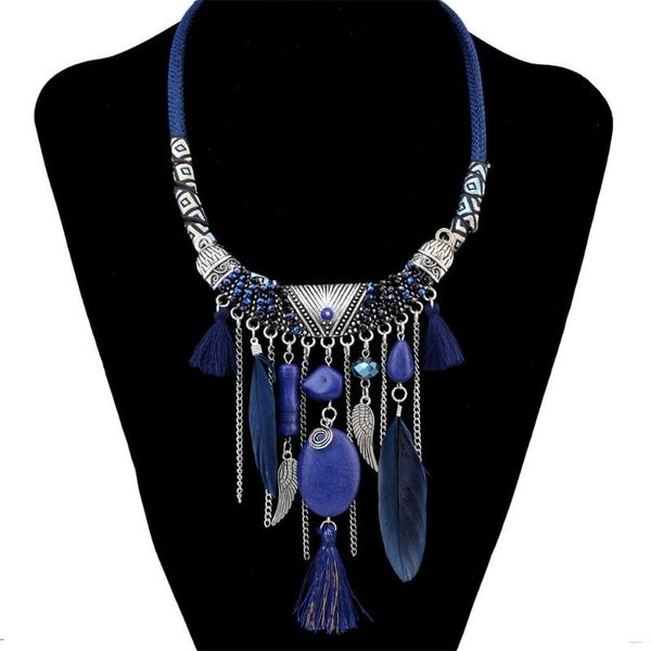 

chokers bohemian blue white feather necklaces beads tassel maxi long ethnic chain party jewelry statement necklace for women collare, Golden;silver