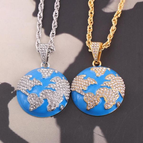 

pendant necklaces fashion personality blue earth necklace gold plated iced out chain rhinestone rock hip hop jewelry, Silver