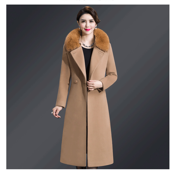 

women's wool & blends autumn winter woolen coat temperament long sleeve solid color fashion fur collar turn down slim length, Black