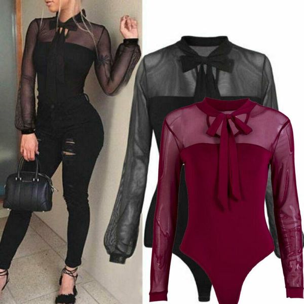 

women's jumpsuits & rompers women bow collar elegant bodysuit shirts mesh sheer long sleeve bodysuits jumpsuit leotard body office, Black;white