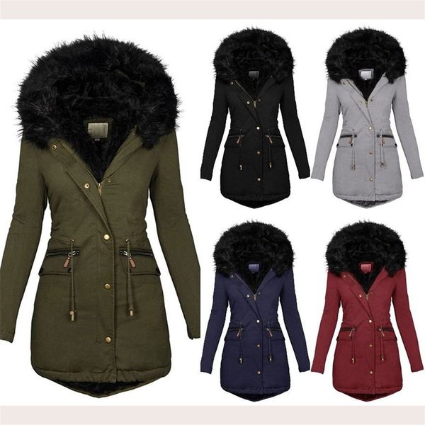 

winter padded coat cotton wadded jacket medium long parkas thick warm hooded quilt snow outwear large size s-5xl 210913, Black