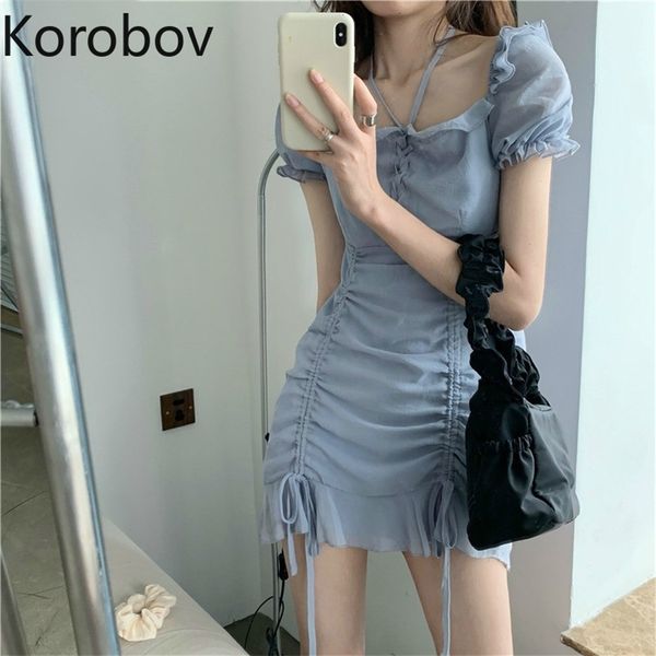

korobov summer square collar flare sleeve women dress vintage drawstring dresses korean a-line mini vestidos femme 210430, Black;gray