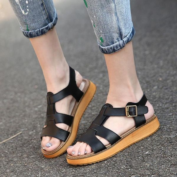 

dress shoes 2021 women summer ladies sandals brand open toe genuine leather flat, Black