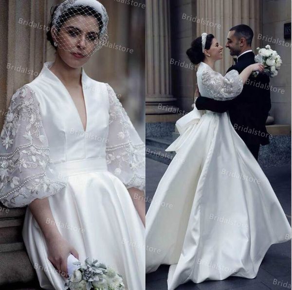 

vintage puff sleeve boho wedding dresses with big bow on back v neck soft satin a line country style bridal gowns 2021 vestidos verano robe, White