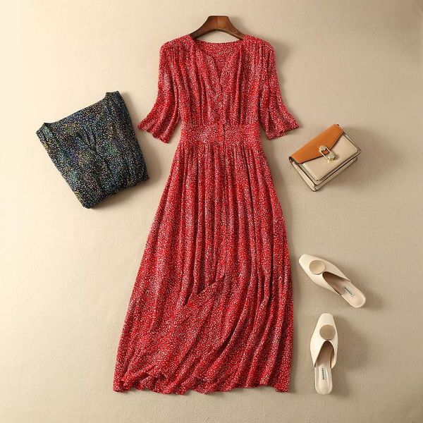 

casual dresses 100% viscose floral pleated red dress, Black;gray
