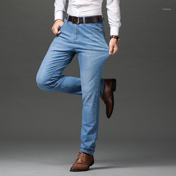 

men's jean straight light summer blue large size denim pant business casual 2021 fashion stretch work classic style trouser male jeans