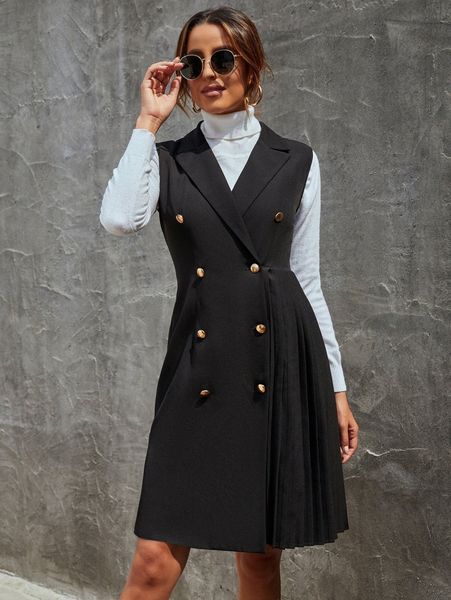 

double breasted pleated sleeveless blazer dress i3cb#, White;black